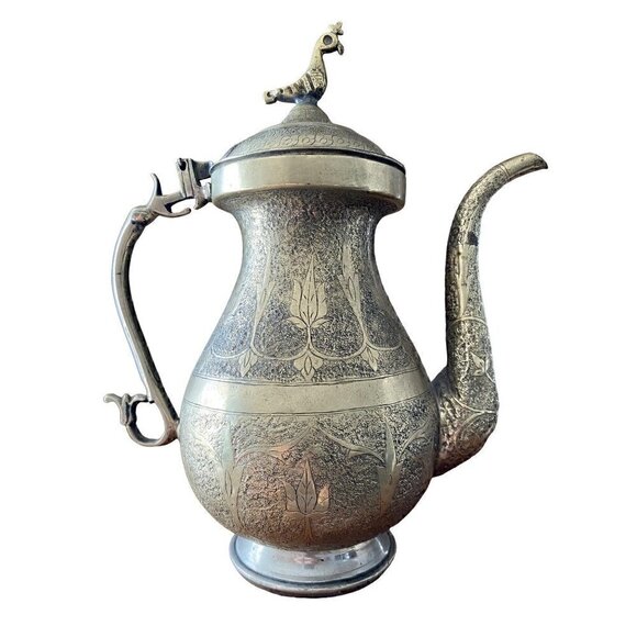 Antique Vintage Hand Etched Hinged Tea Coffee Pot Stamped Best German Silver - Picture 1 of 17